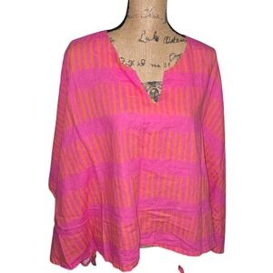 Brooke Wright Designs Pink Orange Stripe Cotton Linen Poncho Top OS Side‎ Ties